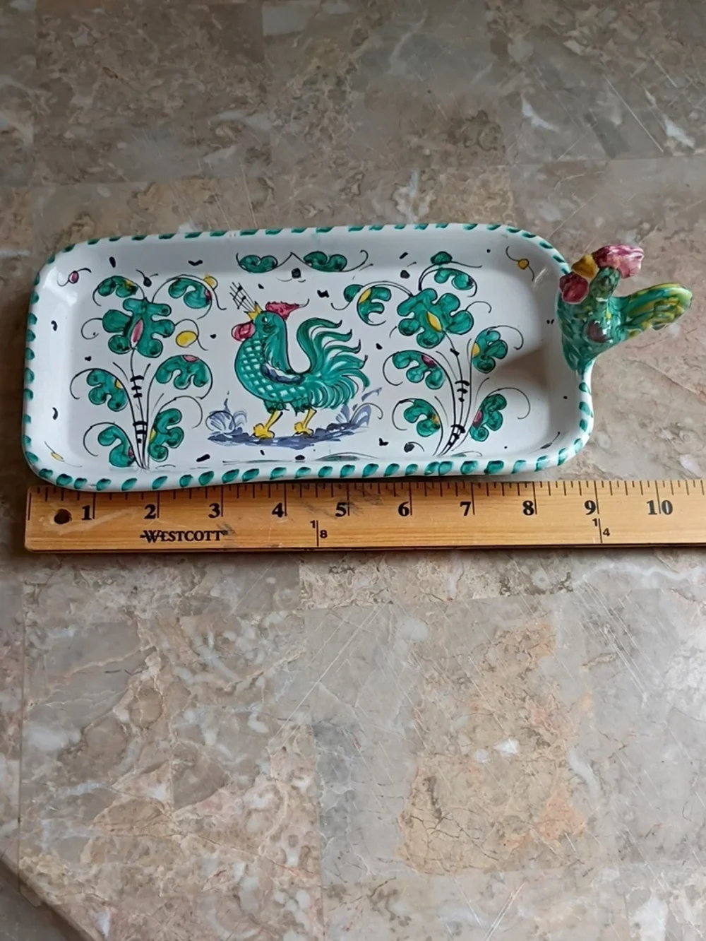 Majolica Orvieto Green Rooster Olive Dish from Deruta Italy Signed
